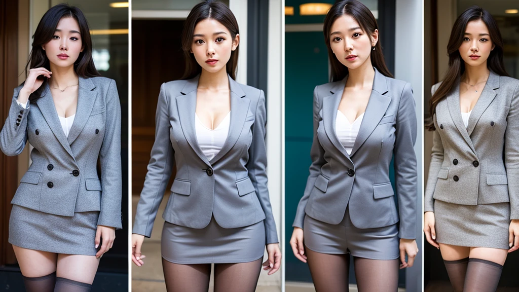 RAW photography,Shooting from the front,(high-level image quality,hightquality,hight resolution,masterpiece,highly detaileds),(Photo quality:1.5),((Drawing two mature women,Two Mature Women:1.5)),Anatomically correct,full body,Office Lady,Japanese Mature,45 year old mature woman,((Extremely beautiful face,Miss Japan,Intellectual appearance)),Beautiful teeth alignment,Beautiful hands,Beautiful breasts,Large Breasts,Thighs,Outstanding proportions,Voluptuous figure,Looking at the Viewer,((business suit,セクシーなbusiness suit,Jacket,blouse,Lace panties,stockings)),(Inside the office,Standing with one's back straight,blouseの胸元を開いている,Bright interior),((No text))