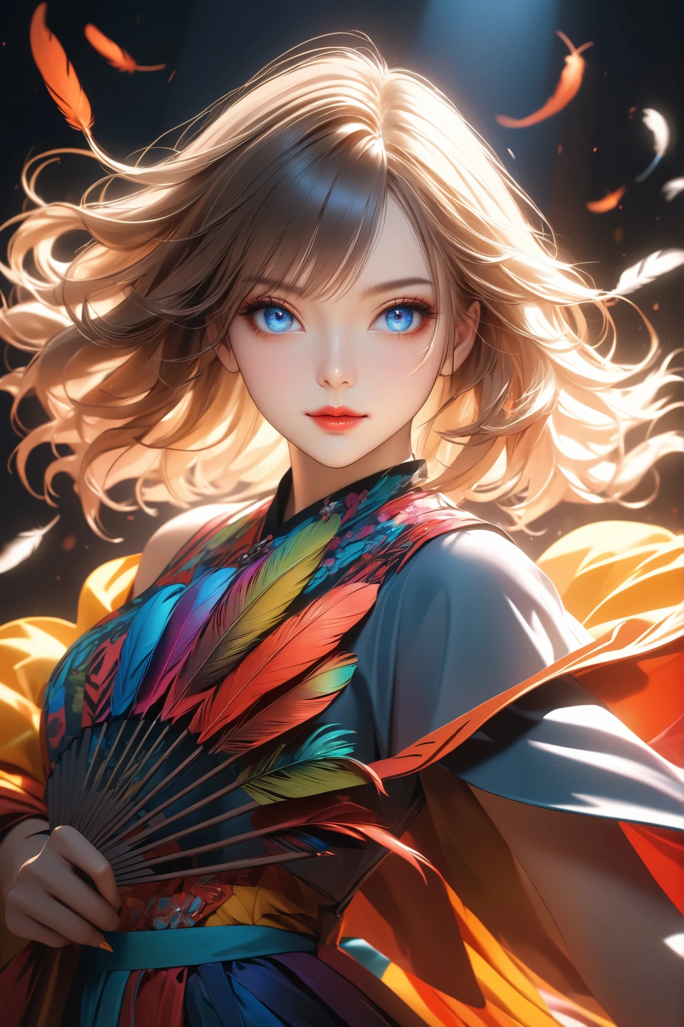 an adult woman, solo, wearing colorful, attractive posing, staring at you, clear eyes, detailed face, soft and smooth fine hair, 
soft and firm skin, beautiful legs, 
holding a fan with feathers with her hand, 
detailed portrait of a young adult female with striking facial features, 
vibrant and dynamic outfit, 
alluring gaze directly at camera, 
dramatic lighting, cinematic composition, 
warm color palette, 
photorealistic, highly detailed, 8K, professional quality