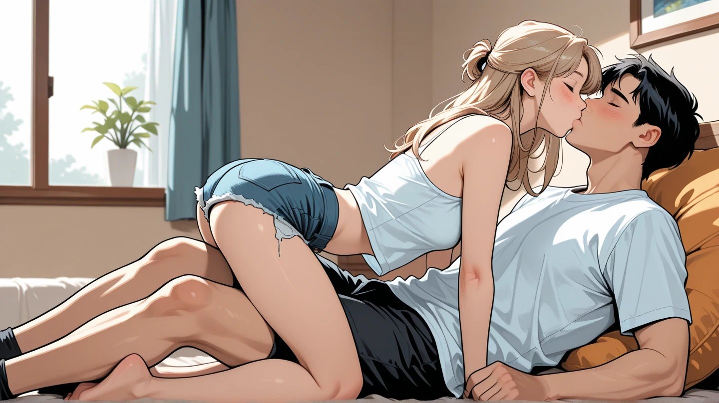 A cartoon image depicts a man and a woman in a bed. The man is wearing a belt and the woman is wearing high heels. Various pillows are scattered around the bed, with one pink pillow next to the woman. The woman has long blonde hair and is laying down on the bed. In the background, there is a mirror reflecting the scene. The overall color scheme includes shades of pink, purple, and blue. The woman appears to be young, around 22 years old, and the image conveys a sense of intimacy and playfulness between the couple. The text on the image reads "Am I doing it right? Harder. patreon.com/stahlberg".