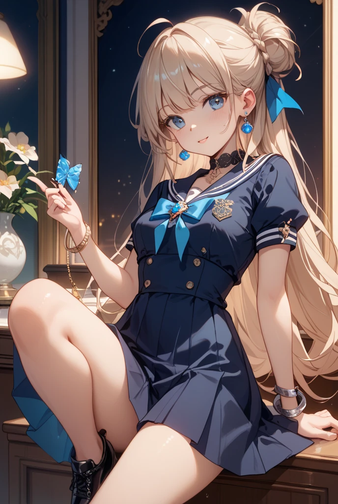 Yellow hair, white dress, blue eyes, star pupils, blue bow tie, crystal shoes, beret (with blue bow on top), sitting on the moon, starry sky background, shooting star, 4K