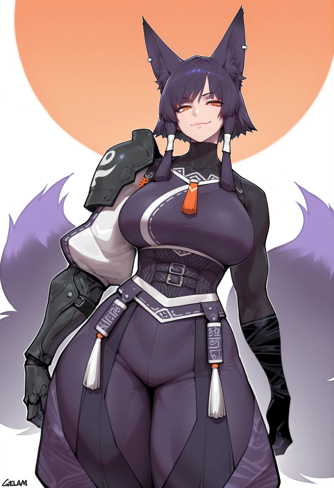 gorgeous kitsune girl, beautiful face, kitsune, hair of ash-purple color, beautiful woman, orange eyes, slit pupils, volputrous body, toned woman, curvy and athletic, fox ears, short hair, dark japanese jacket, buggy pants, single pauldron, single vambrace, single gauntlet, black hands, fox tail, closed mouth, sly smile, attractive proportions, defined athletic arms and legs, athletic lanky body, fox ears, calm dominant expression, hair tubes, half-closed eyes, large breasts, tall, huntress, masterpiece, ultra definition, simple white background