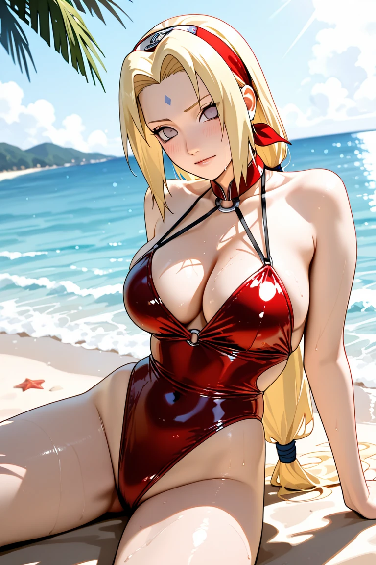masterpiece, best quality, beautiful art, high resolution, well formed hands, body and fingers, 1 woman, solo, SailorMoon, blonde, long hair, adult, big breasted, cleavage, hair ribbon, wearing a Tyris Flare outfit, full body, sexy and skimpy bikini, gorgeous legs and thighs , dancing seductively and erotically, turning backwards and forwards, showing her back and front, showing her butt, t -back, bikini thong, smiling joyfully, looking at the viewer, flirting, beach environment