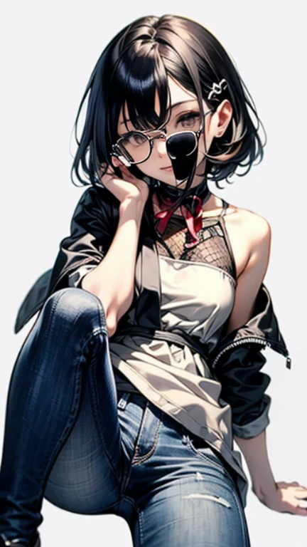Highest quality、Black Hair、Iris、short hair、、cute、、、Small hair ornament、1 person、Black Leather Jacket、