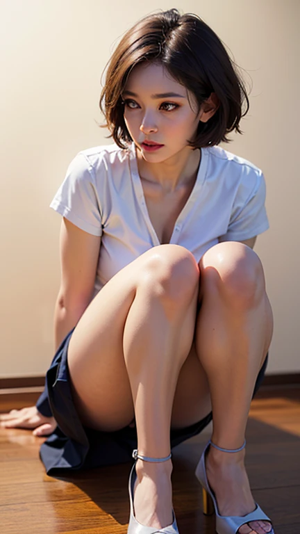 ((最high quality、8K、masterpiece、Portrait:1.3)), (ambient light:1.5), (bounce writing:1.8) ,H Photorealistic, sharp focus, high quality, HDTV, solo, Japanese, woman, Beauty like an actress, live alone、Midsummer、High temperature、high humidity、(Lower school year:1.5)、(Poor life:1.2)、I can see the cleavage, 15 years old, lean and toned body:1.5, small breasts:1.5, (sloppy body:1.2)、wavy hair, wrinkles around the eyes, I don't have money to buy clothes、Being naked、naked people、((show your pussy:1.5)), (cluttered background, messy room: 1.5)、woman用衣類が乱雑に散らかっている、(Old house in Japan:1.2), evening light、Lying on your back with your legs spread while look in front of you eyes, show your pussy:1.5、cleavage、spread your legs:1.5、vaginal opening、clitoris、anus、Lower school year、poor、Vile、long shot , (outdoor), bright background, sunset light