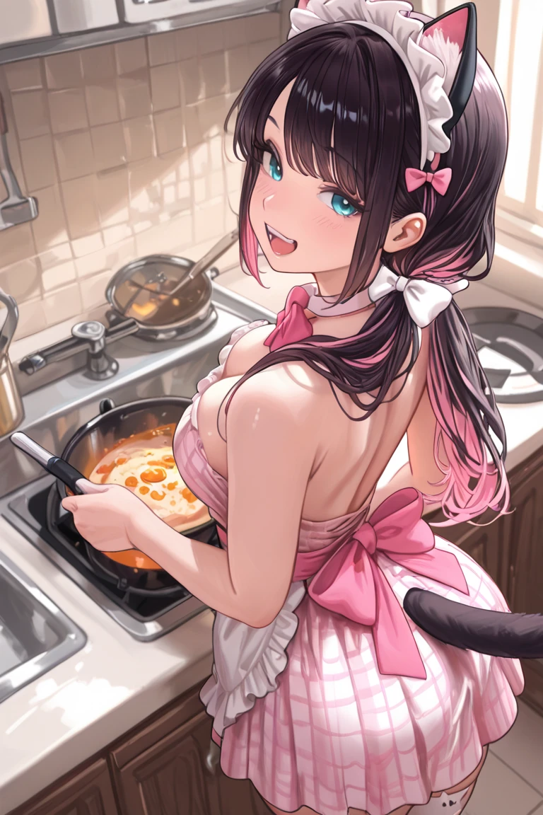 A girl in a micro bikini making a large amount of naan curry
