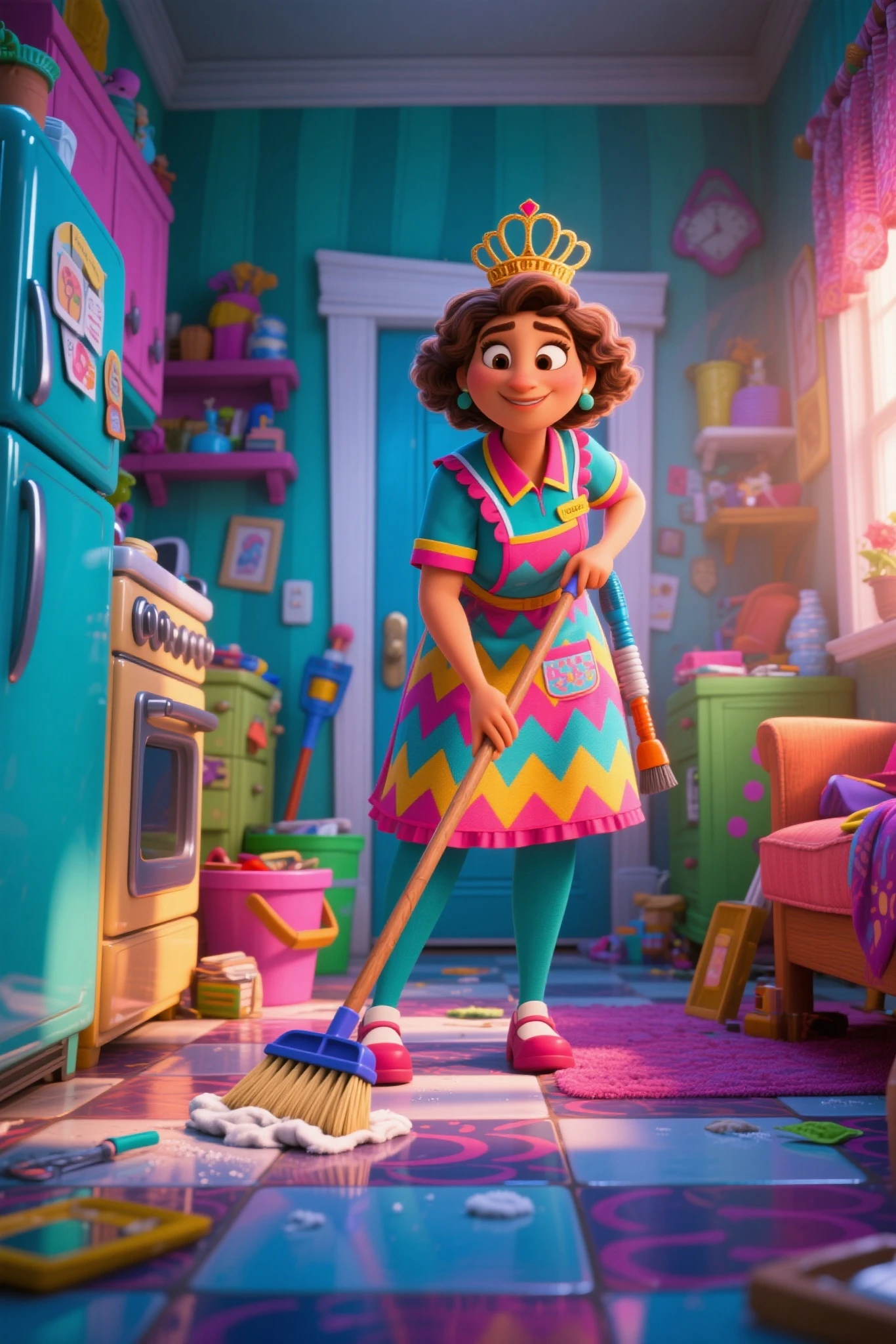 housework queen, illustration by hajime sorayama, photorealistic, anime, elaborate details