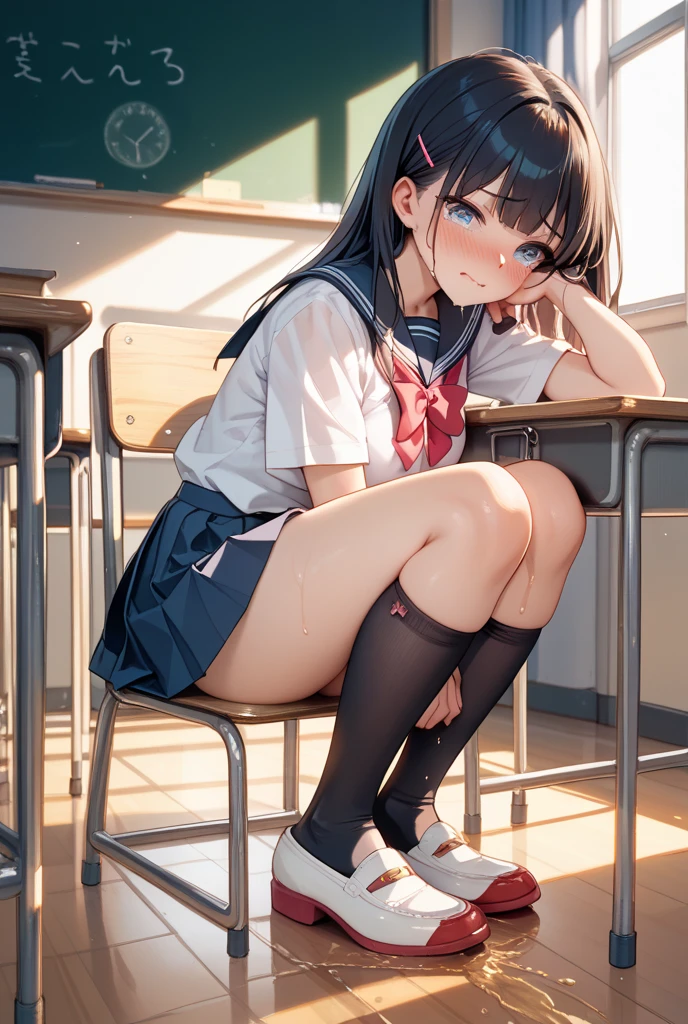 Anime girl sitting at a classroom desk with a blackboard, beautifulアニメのhigh school girl, cute anime girl, white pantiesー,cute, seductive anime girl, anime moe art style, squatbeautifulanimegirl, anime best girls, Smooth anime CG art, attractive anime girl, cotton panties,surreal , young anime girl、wear sneakers、white panties、full color、(muste piece、 best quality:1.2)、High resolution、high resolution、in 8K、🎁Live-action、Raw photo、highest quality、masterpiece、 extremely delicate、High definition raw color photo、professional photography、 wonderful face and eyes、超High resolution、Raw photo、beautiful、beautiful、beautiful girl、(solo:1.2)、 black hair、big 、blush、smile、big 、 、view audience、squat、(Crouching panty shots:1.2)、fully exposed panties、blush、shy smile、outdoor、outside of home、Obscene content、pornography、high school girl、sit with one's knees、sit with your heels on the ground、hold your knees with both hands、shins facing forward、body facing forward、sit with your heels on the ground、open legs、open crotch、white panties、8k photo、Live shooting、最high resolution、masterpiece:1.2、real、photorealistic、high contrast、photon mapping、Realism、Super detailed、professional lighting、Low - Angle:1.2)、(1 girl)、(solo:1.5)、(Height is 165 cm), (18才のhigh school girl), (Japanese high school uniform)、(summer blouse:1.2)、(plaid short skirt:1.2)、(white shirt with student ribbon:1.2)、(squatting down looking straight ahead)、(open crotch:1.2), (white panties:1.5)、(camel toe)、(white sneakers:1.2)、 (perfect proportions:1.2), (White panties are visible under the skirt:1.5), (The detailed shape of the female private parts is clearly visible:1.4), (have pubic hair:1.4), (textured skin)、I can see the cleavage、(8K、RAW photo、highest quality、masterpiece:1.2)、(realistic、Photoreal)、1 girl、from the corner of your eye1Tsu Mole、((white blouse、sailor suit、red tie、Below-the-knee length red checked pleated skirt))、(high school girl)、40 years、Skirt rolled up、gal、lots of eyelashes、glitter on eyelids、skeletally correct、thi