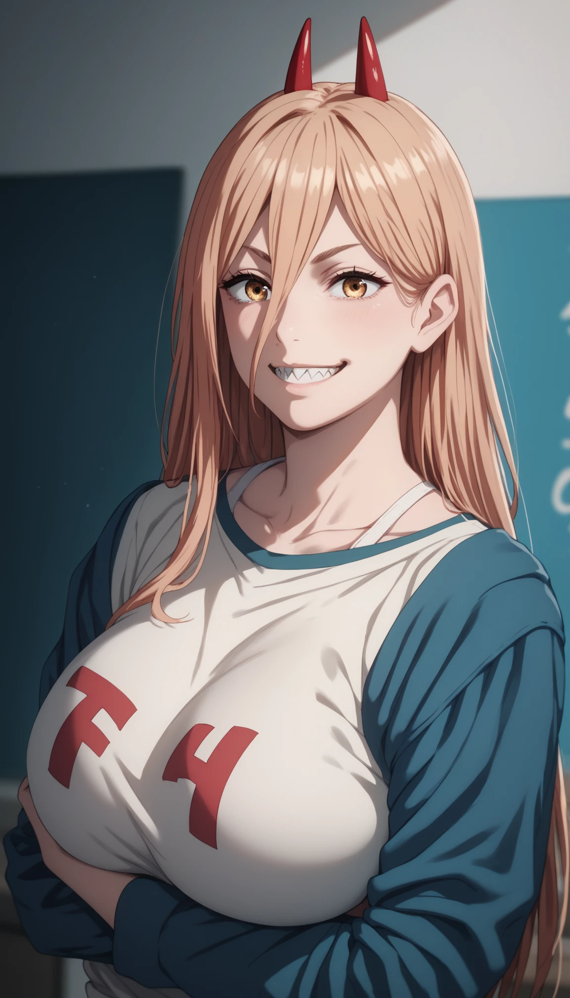 blue sweatshirt, ultra sharp image, Beautiful figure, little chest, Beautiful little breasts, sexypose, Mouth open in a smile, sharp teeth, laughting, holding on to his stomach, ultra detail face, Ultra Transparent, Chainsaw Man Energy, Two red sharp horns on the head, ultra sharp image, Ultra Beautiful, little chest. hairlong, blonde woman, Beautiful figure, taut clothes, T-shirt with the image of a cat, jean shorts, Shoes, red-eyes, Red crosses and circles instead of pupils, handsome body, sexy clothes, Beautiful eyes, very detailed eyes, Very detailed face, handsome body, Cherecter Desing, Very detailed, Detailed body, Detailed hands, Detailed, Vibrants, Detailed Face, sharp-focus, WLOP, artgerm, anime art, Vibrants, Detailed Face, Hugh Details, sharp-focus, Very drooping face, A detailed eye, super fine illustration, better shadow, finely detail, Beautiful detail