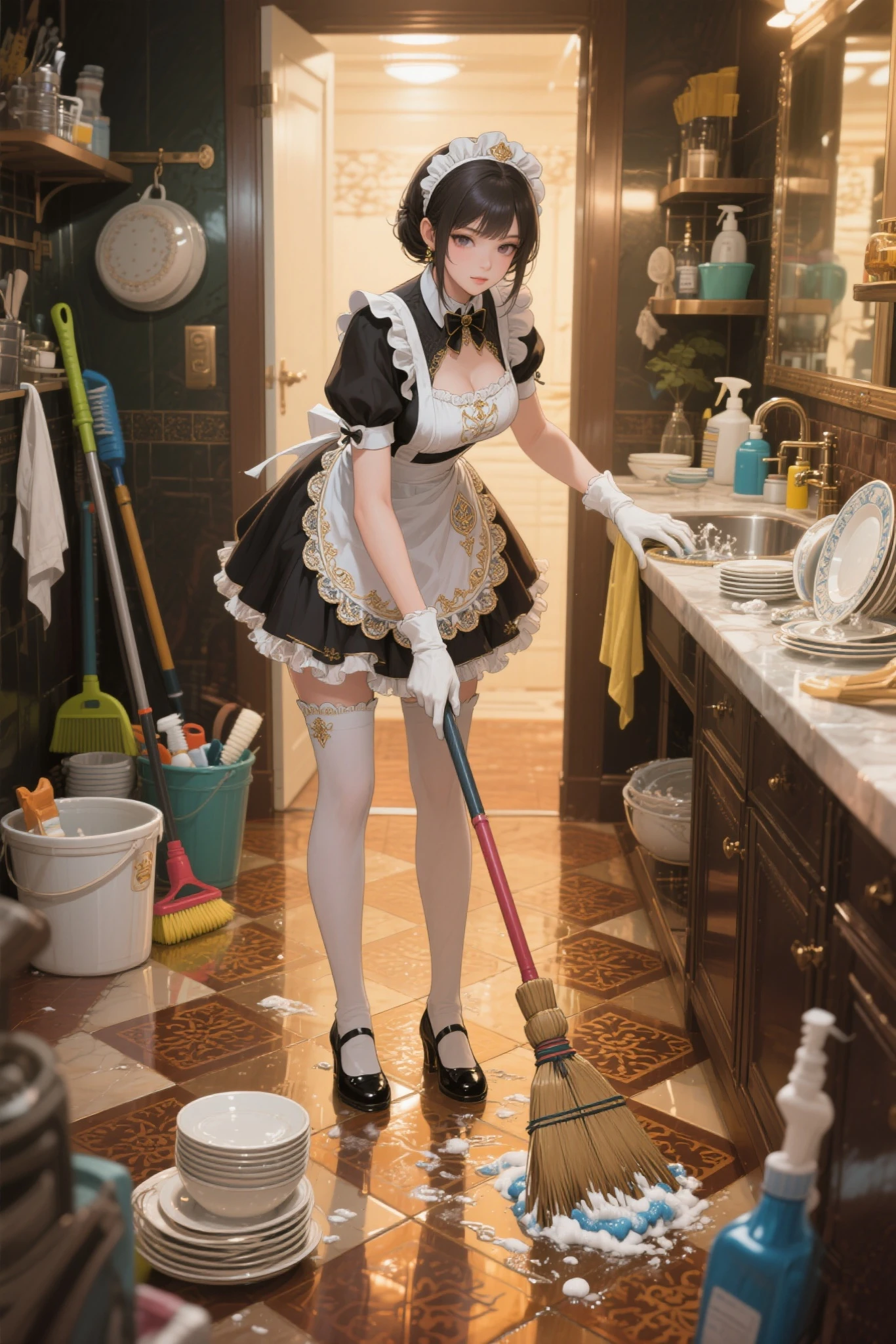 housework queen, illustration by hajime sorayama, photorealistic, anime, elaborate details