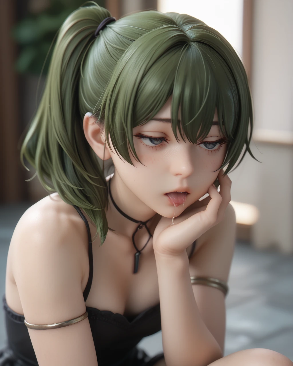 8K, Top Quality, Intricate Details, Ultra Detail, Ultra High Resolution, Masterpiece, close up shot, shot from behind, (Looking back), (full body: 1.1), Slender, Smile, (Makeup: 0.4), ,(( purple eyes, green hair, bangs, long hair, high ponytail)), (Fluffy Eyes: 1.21), (()), 1girl, solo, 1 girl, (()), close up shot, , ((tall)), (((fit body))), (((slim face))), sharp face, ((walking pose)) ,(detailed face), sharp face, small lips, , ,(( ass up, butt cheek,)) ,, ,
((,)), , ((naked, nude )), detailed face, ((detailed breast, large breast, huge breast, detailed ass , detail nipples )),, Narrow Waist, Skinny, tall , 190 cm tall, Muscular, Navel, Exposed Abdomen, Pointed Chest,, Beautiful girl with accentuated slender abs: 1.4, Six Pack Abs: 1.4, , Perfect Body, detail legs, (( dark background)), black background,