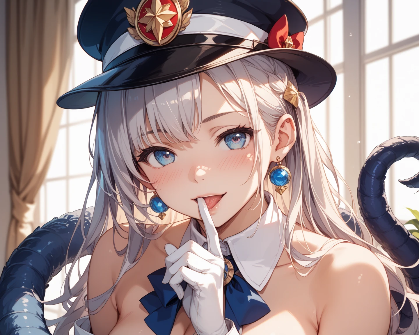 score_9,score_8_up,score_7_up,score_6_up,score_5_up,score_4_up,  ,source_anime BREAK,from front,front view,(soro focus),,straight-on,standing,,looking at viewer,masterpiece, best quality, very aesthetic, absurdres,extremely detailed CG unity 8k wallpaper,cinematic angle, great lighting, detailed shadows,detailed body, anime artwork, anime style, key visual, vibrant,studio anime, highly detailed, anime coloring,raceElie, hairband, choker, blue hat, blue jacket, cropped jacket, cleavage, midriff, blue shorts, pleated skirt,, (zoom in upper body:1.5),finger gun, pointing at viewer
