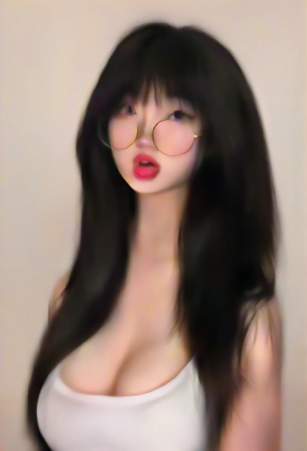 (Best quality, masterpiece, detailed), (RAW, 4k, hd images), 1 girl, 17 years old, white skin, long hair, ponytail, layers hair, bangs, black hair, beautiful girl, cute girl, sweet girl, pretty girl, perfect girl, perfect body, pretty eyes, blue eyes, thin lips, (eye line, lip soft), perfect round breast, glasses(detailed frame), simple background, smile, nipples, waist, hips, naked, half body, modeling pose, free style pose, random angle capture, cleavage, do guts pose, pink nipples