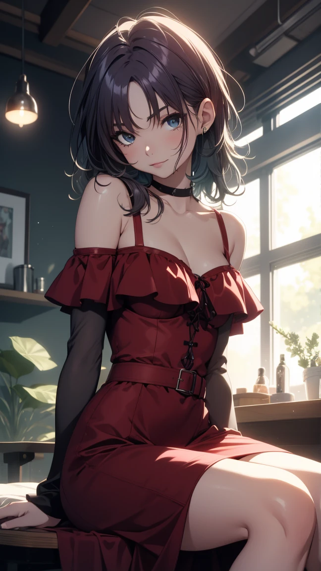 (RAW Photos, Highest quality, masterpiece: 1.2), (Realistic: 1.4), Best lighting, 20-year-old, (light black hair, Short Bob Cut, Divide your hair into 3/7ths, hair above one ear, :1.15), (Symmetrical blue, clear eyes, alone, Mid-chest, Detailed skin, :1.2), ((Pale gray walls and floor, Photo studio, Sitting on the floor, Sit leaning against a wall, Vibrant red and blue off-the-shoulder short dress, Red lace choker, Slender necklace, Wearing black high heels, Beautiful legs, Cinema Lighting, Sensual look, From the side))