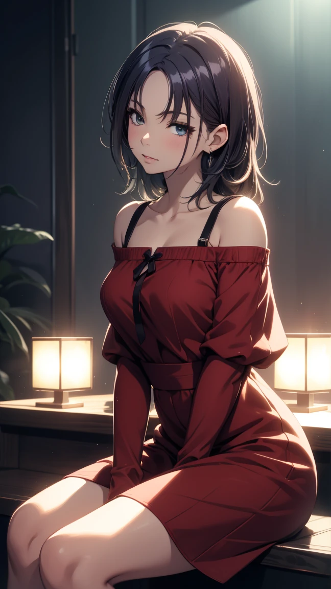 (small breasts:1.2), (perky chest:1.1), (pointed chest:1.0), (hand gun magazine cover:1.3),(from below:1.2),(from side:0.9),masterpiece, 1girl, Amazing Cleavage:1.1, thin waist, big ass, Raised sexy, small breast: 1.2, posed cleavage:1.2、solo, open mouth, have a cute grass of cute beergrass,black hair, dark green eyes, dress, bare shoulders, jewelry, collarbone, sidelocks, hairband, earrings, indoors, off shoulder, sweater, arms behind back, plant, short hair with long locks, gild hairband, sweater dress:1.2, off-shoulder sweater, red sweater, dark gord hair, big side hair, very long side hair,is rendered in (masterpiece: 1.2, best quality), with (ultra high resolution) and an exquisite (depth of field). This masterpiece is not only visually stunning but also tells,A scene of cooking in the kitchen by classroom ,looking at viewer,