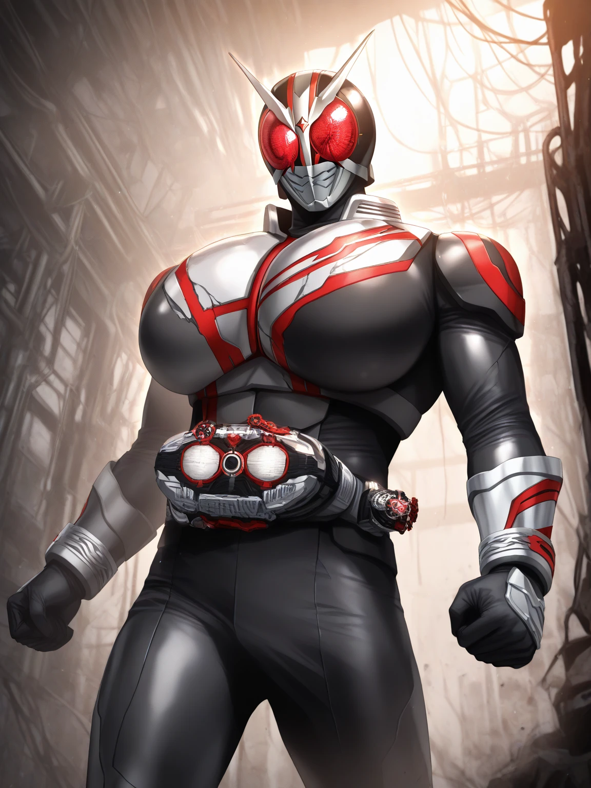 score_9, score_8_up, score_7_up, rating_explicit, source_anime, male focus, Mechanical Hero, transparent fabric, sexy pose, wet, helmet, purple, handsome man, aura, bulge, hero suit, torn clothing, anime style