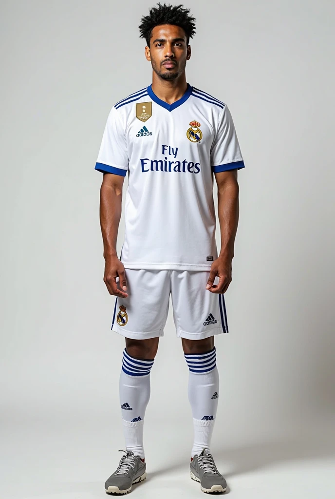 Create a man with brown like black color boots , white socks , and real Madrid uniform