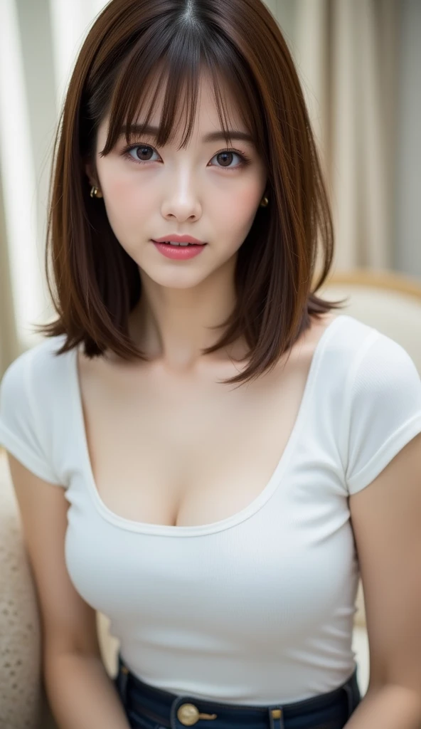 Slim figure　(A woman who likes sex:1.3) (Sexy body:1.3) Small face　(A woman who likes sex:1.3 ) (adult sexy). Sexy Wife Big Tits(Sleeveless holster neck sweater:1.3) (Very elegant, A stylish pink sweater perfect for spring..:1.3) (Beautiful fashion model:1.3)　　((とても美しいPortraiture))　(Very beautiful straight bob hair that is neatly arranged to the ends:1.3)   Japanese women　22 years ago　Stylish and trendy sweater in spring colors　Highest quality, Face Focus, Soft Light, Ultra-high resolution, (Realistic:1.4), RAW Photos,  Precise and beautiful thin eyebrows　Beautiful breasts　Westshot　Slim figure　((Extremely detailed and high quality eyes:1.3)) 
1 Japanese girl, alone, cute,   (Beautiful face in every detail:1.3)  ((High resolution detail of human skin texture:1.3)
indoor,  (Old Coffee Shop:1.3)　Beautiful breasts　 (Beautiful straight bob hair all the way to the ends:1.3)  Elegant and clean　　Intelligent and stylish
(Portraiture)  High resolution and focus on your eyes　Diffused light from a window　とてもBeautiful gradation　A kind smile　Beautiful gradation
