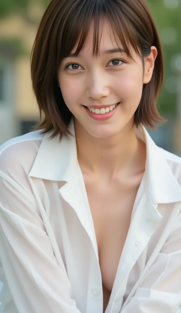 downbrouse、No bangs:1.10、straight flat chest:1.20, (leaning-forward:1.3)、(oversize tshirt、Loose-fitting T-shirt、Low Cut T-Shirt:1.5)、No bra;1.10, Pink areolisible:1.20,  A Cup:1.20, Erotic, (top-quality、8K、32K、​masterpiece)、japanes、17 age、Very pretty girl、a beauty girl、crouching down、Bright smile、outside of house、shinny skin、blurry backround、short-cut:1.10、Ear hooks:1.20, A dark-haired:1.10, Upper body close-up、Shot from above
