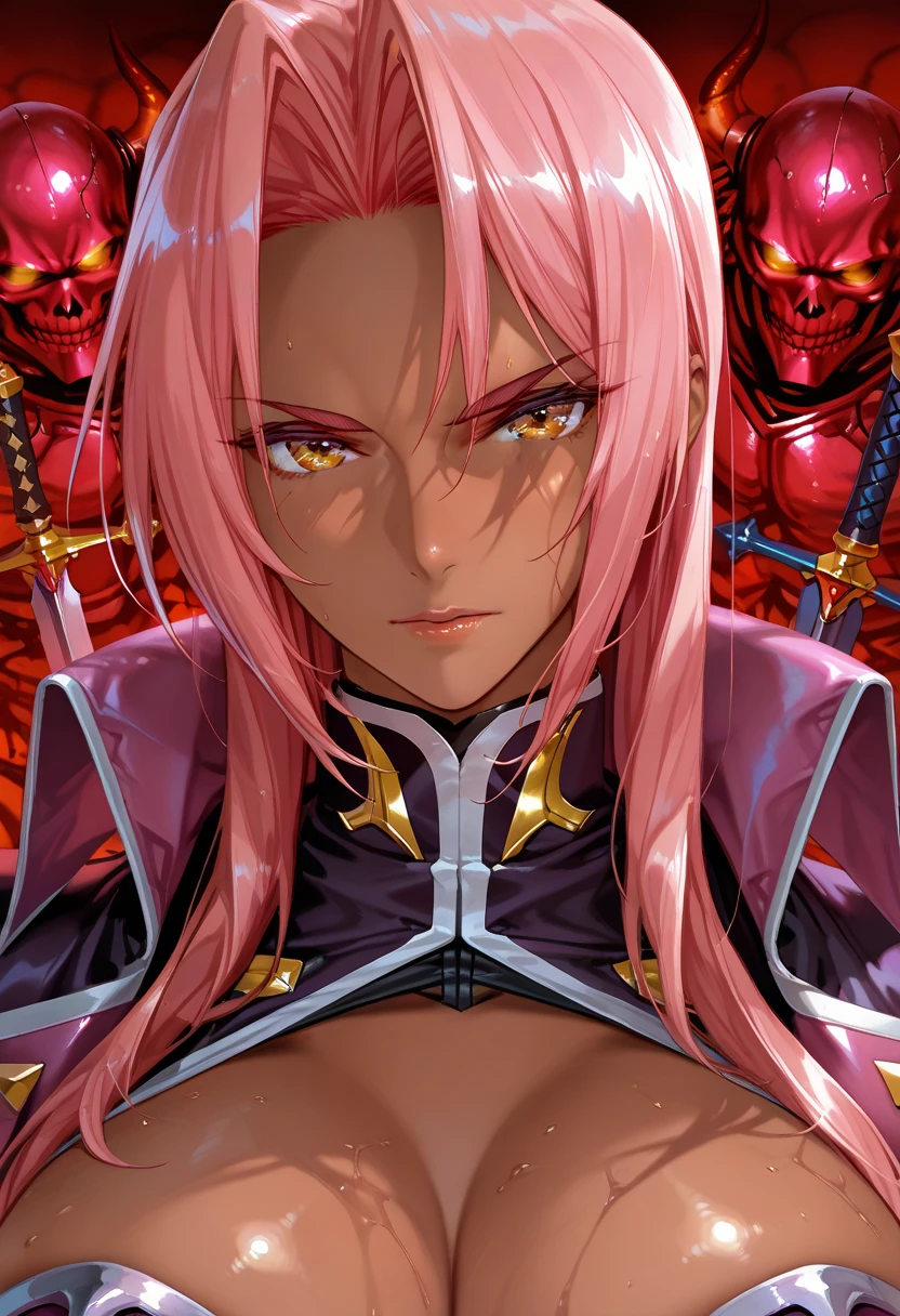 (highres, high quality:1.2), intricate details, cinematic lighting, sharp focus, depth of field, Ingrid, 1girl, mature female, (dark-skinned female:1.1), dark skin, ((upper body, half body shot:1.3)), (looking at viewer, sunny beach, determined, pink red hair, very long hair, hair intakes, makeup, lipstick, (mole under mouth:0.8), eyelashes, yellow eyes, detailed face, helloutfit, red cape, black (turtleneck:1.1), (underboob:1.1), black elbow gloves, (coattails:1.1), revealing clothes, center opening, (multicolored clothes:1.1) midriff, natural large breasts, (solo:1.4)