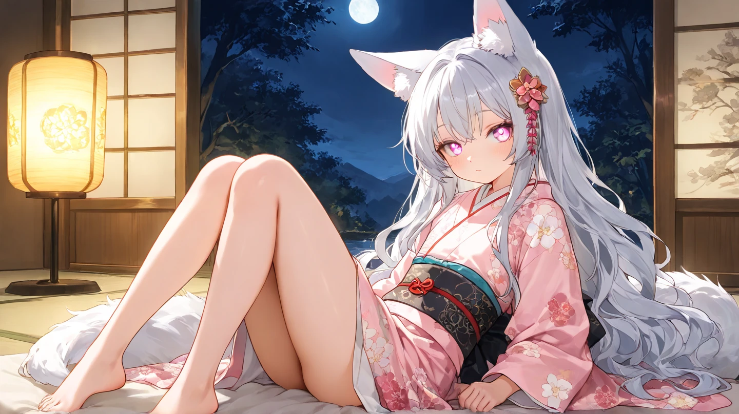 ((1girl,cute,young,semi long beautiful silver green hair,blunt bangs,twin tales,beautiful green eyes)),(solo),((masterpiece, highest resolution,best quality)), (beautiful illustration),(Japanese beautiful flower printed kimono,yukata),((topless, beautiful medium , pink nipples)),(Lying on the futon,legs wide open,having sex),wet gleaming skin,Vulgar,(nsfw),
low angle,from below,((masterpiece, highest resolution,best quality)), (beautiful illustration), (looking at the viewer),((face toward the viewer)),(Lying on the beautiful futon on all fours,legs wide open), ((sexy cute mini skirt and elegant beautiful white frilled panties)), innocent sexy smile,Embarrassed,orgasm,mouth open,showing teeth,cinematic lighting,modern elegant beautiful Japanese inn,lantern,drinks,starry night,full moon,shooting star,