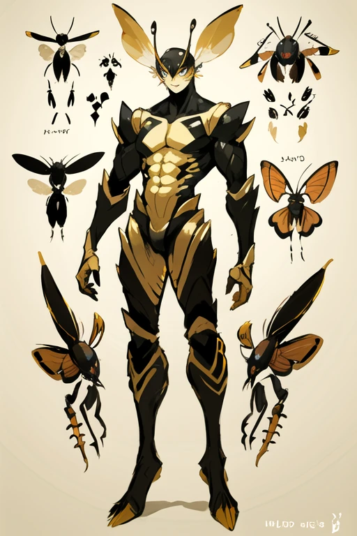 Simple background, white background,solo, (simple background, white background:1.3), Masterpiece, Best Quality, 1 boy, Battle,Pointy-footed carpenter bee,(bee anthropomorphic), male, light spotted, black, Katana, robot arm, Long hair,flat color, colorful, animated, game character design, concept design, figure, character, high detail,