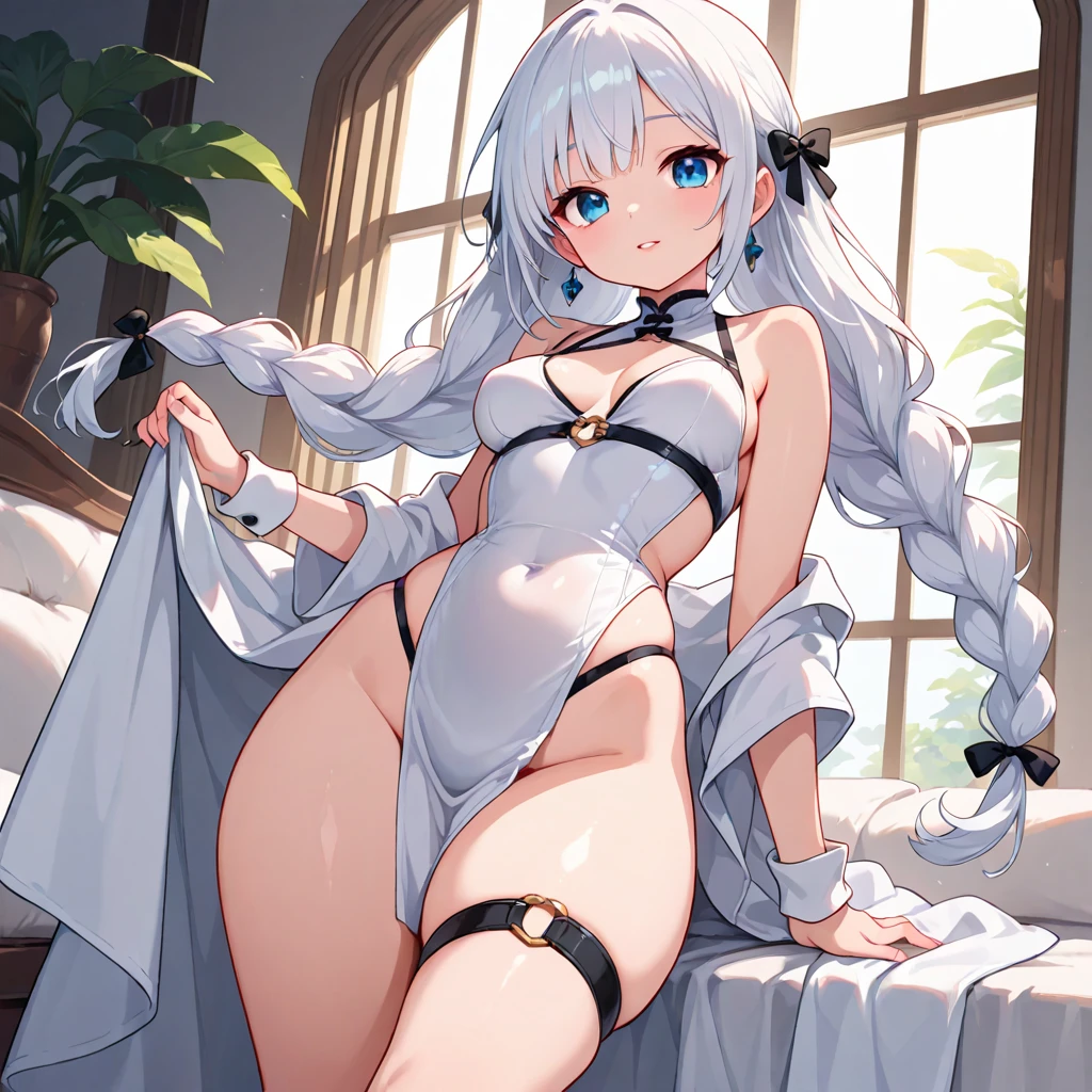 Tsundere 18 year old girl, beautiful and delicate eyes, beautiful lips, very detailed 눈과 얼굴, long eyelashes, 1girl, white cat ears, foot long bag, Front view, Red-eye, (top quality, 4K, 8K, high resolution, masterpiece:1.2), very detailed, (realistic인, realistic인, realistic인, realistic인, realistic: 1.37), very large breasts, elegant, fantasy, white background, White swimsuit, I can see my armpits,