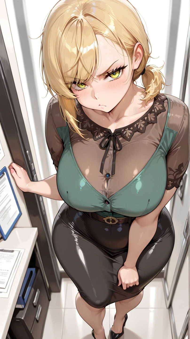 One woman、tmasterpiece、top-quality、The blonde hair tied up in a bun 、stockings, lingerie 、Large full breasts in a meeting room sitting on a chair , unexpected photo