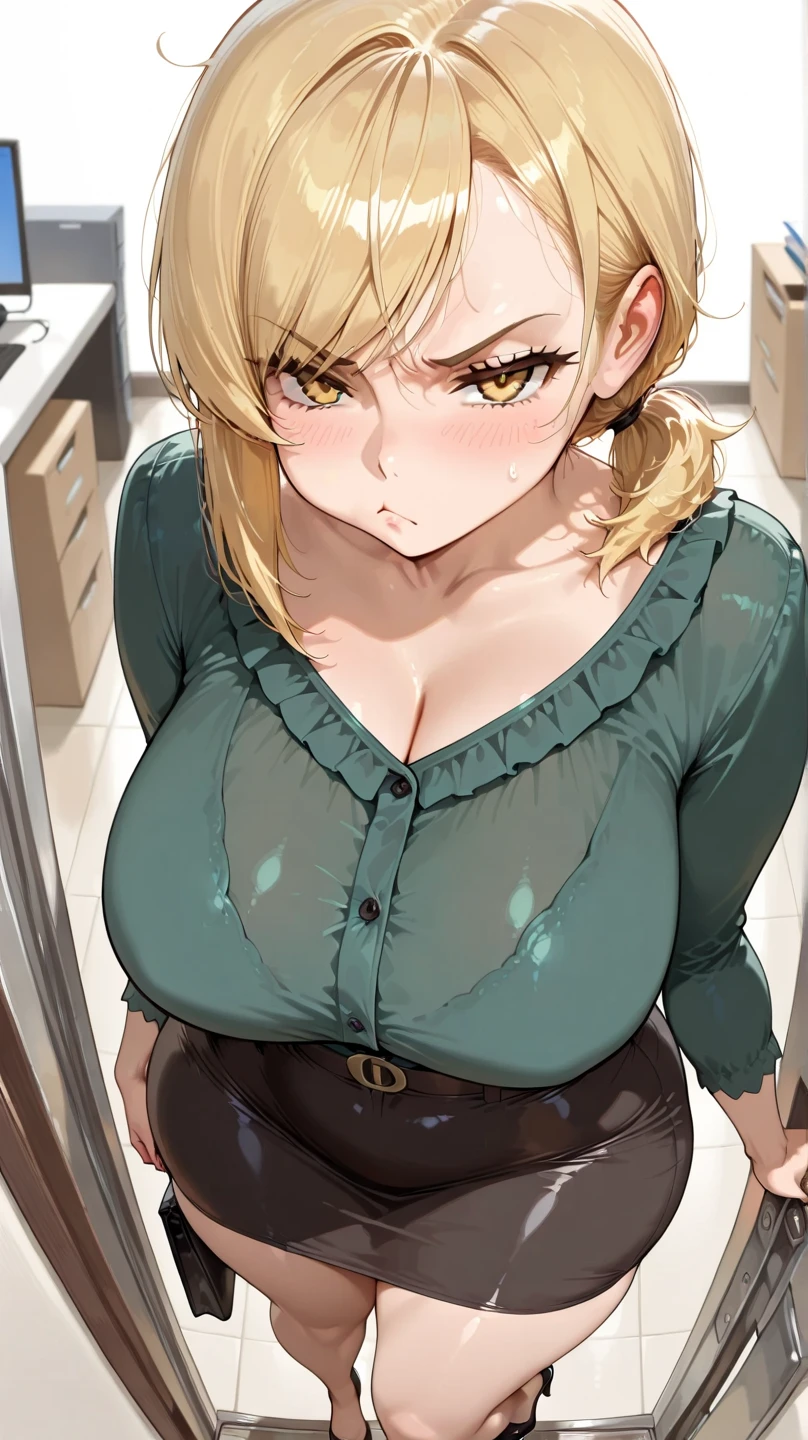 (POV from above), (Best quality: 1.5), (masterpiece: 1.5), (2.5D), (good definition), (detailed face), (well-drawn face), (vivid colors), (1 character) , (exaggerated proportions), (hentai), (perfect anatomy), (character in the center), (absurd), (4k wallpaper), (detailed eyes), (perfect hands), (perfect fingers), (skin beautiful), (glowing skin)), (perfect shadows), (perfect lighting), (full body), (beautiful eyes), (masterpiece), (voluptuous body), (pretty face), adult woman, MILF, face seductive MILF, mature MILF face, blonde hair with low and slightly disheveled ponytail, green eyes, wears glasses, wears a knee-length dress with long lace sleeves fitted at the waist and a moderate V-neckline, very nervous and embarrassed expression She sticks out her tongue a little, huge breasts, huge thighs, huge butt, voluptuous body, good proportions, she is inside a bathroom masturbating with a dildo,