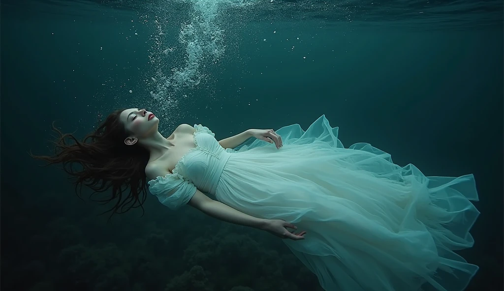 sleep, an artwork of a woman in white dress and flowing white hair under water, 1 girl, dress, Underwater, alone, Long Hair, Brown Hair, air bubble, barefoot, bubble