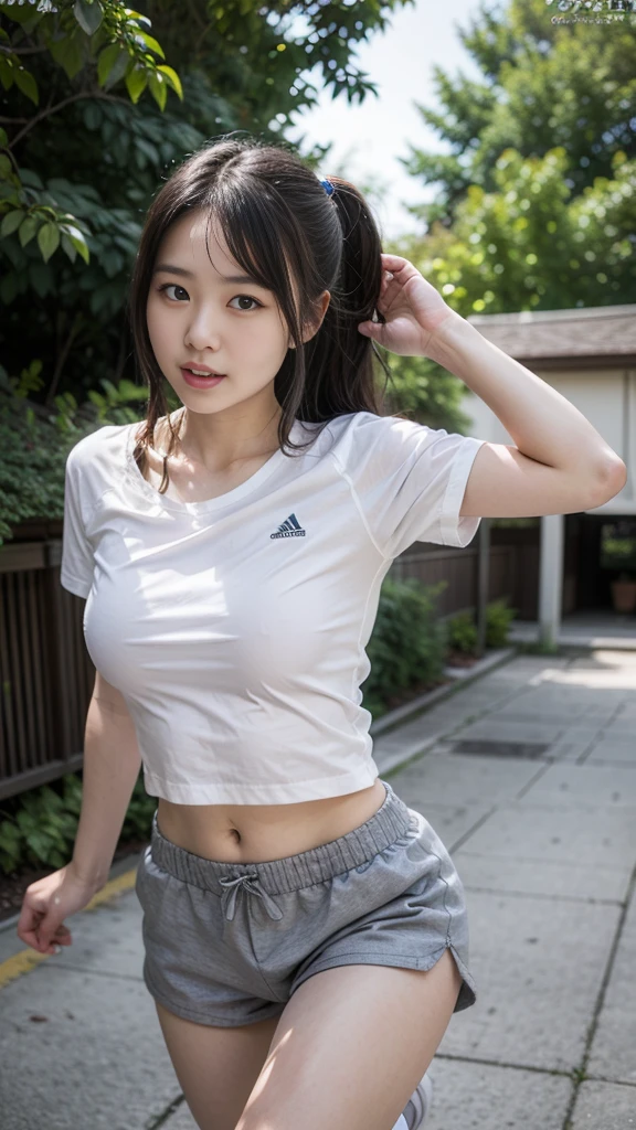 (Beautiful junior high school girl.he is short.Height: 130cm.sharp eyes.black hair.skin is shiny.slender.small breasts).(White see-through t-shirt.tight yoga pants)(rural school.It's raining and I'm completely wet.She is taking off her wet clothes and exposing her breasts..Blushing cheeks and smiling)perfect face.There is a sense of dynamism.The whole body is shown
