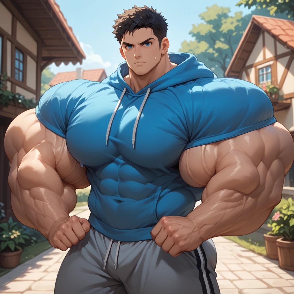 Create an extravagant, highly detailed digital art image of an extremely muscular man. The man should have exaggerated, hyper-realistic muscles with defined abs, biceps, and chest. His facial features should be bold and expressive, with intense, piercing eyes. The background should be a vibrant, surreal landscape with dramatic lighting and vivid colors, creating a striking contrast with the man's physique. The overall style should be hyper-realistic with a surreal and dramatic atmosphere, emphasizing the man's powerful and exaggerated musculature