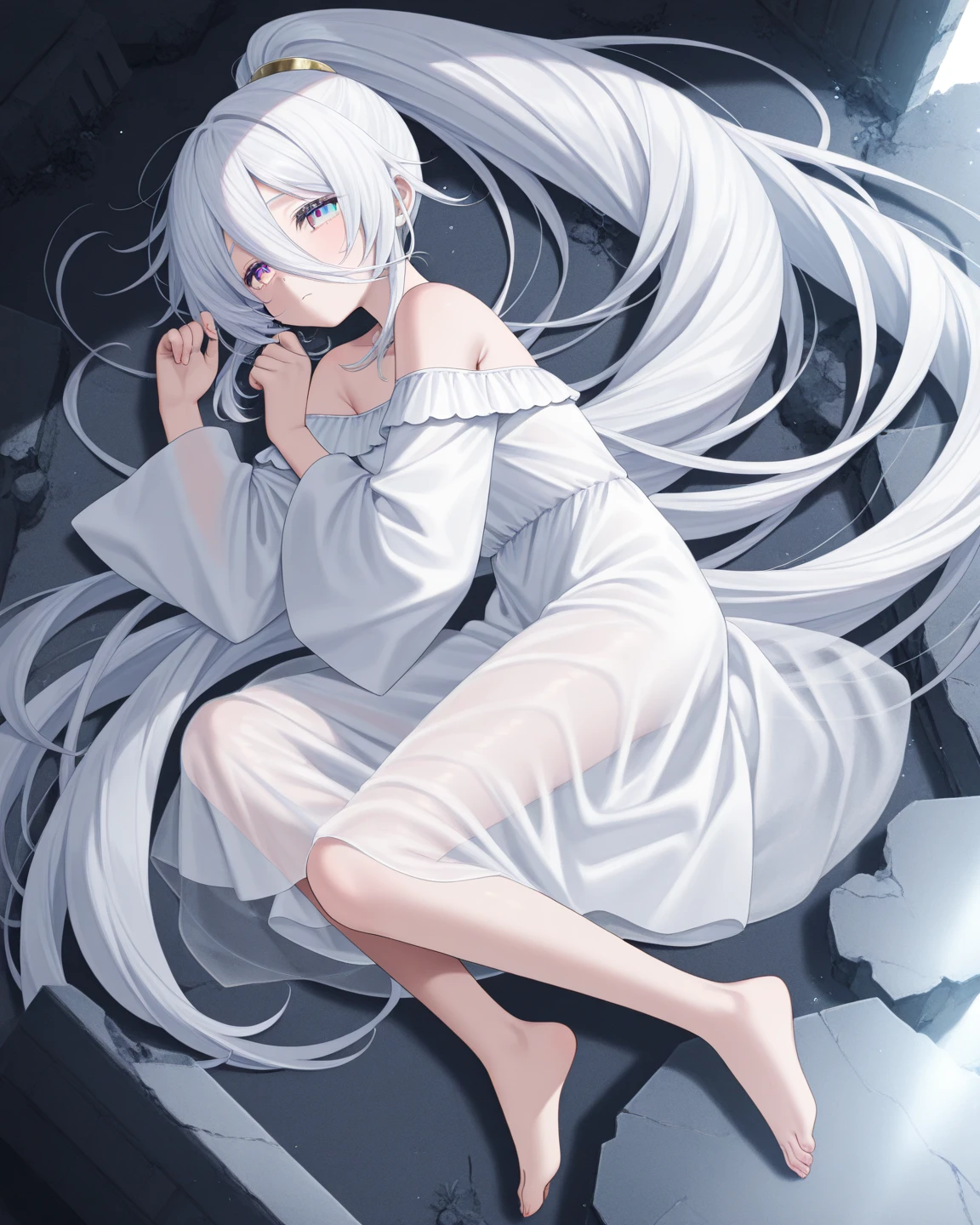 White hair girl,1-girl,16 year old girl,wet white dress,dark red eyes,seductive face,((best quality)),((masterpiece)),((fullcolor)),visible underwear, white underwear,