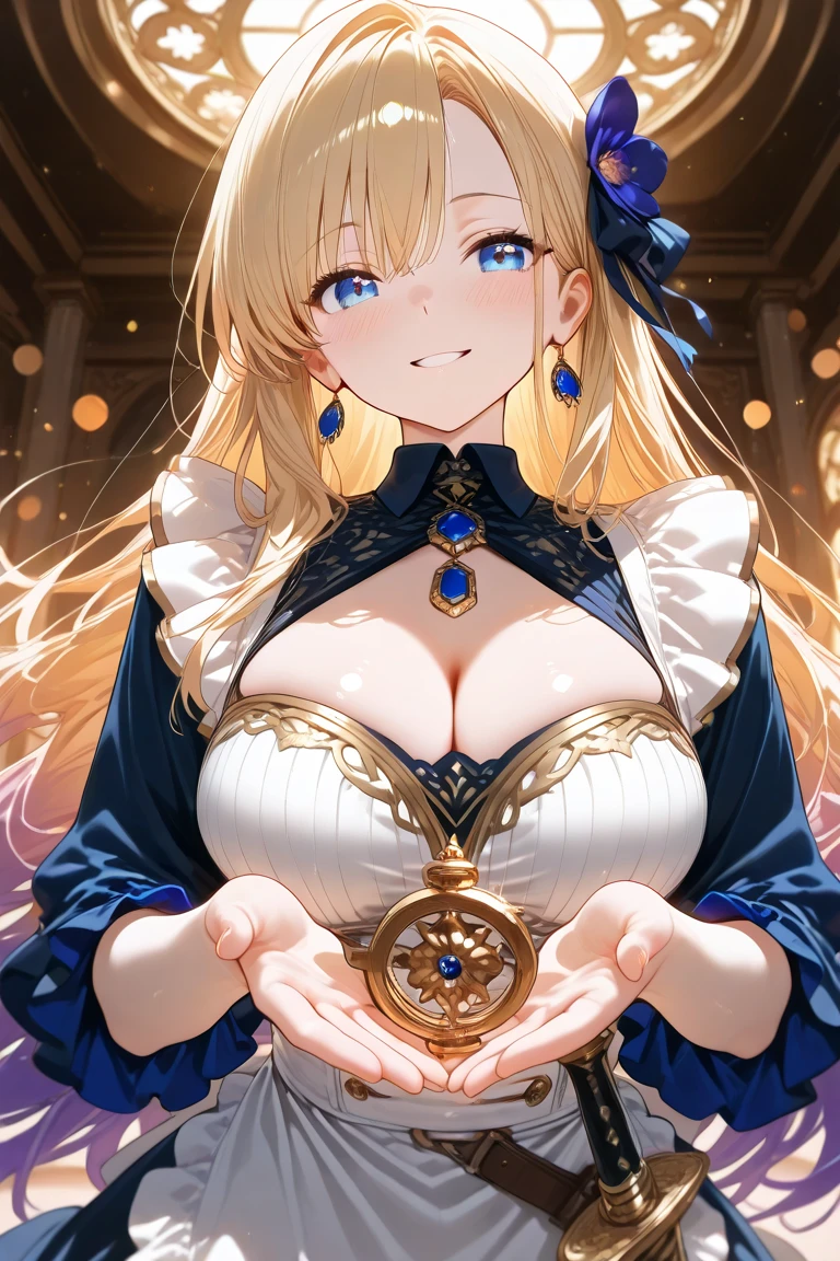 masterpiece,best quality,highres,cinematic lighting,dramatic angle,1girl,<lora:RetrafiaV1:0.8>,blonde hair,high ponytail,coin,floating coin,looking at viewer,blue dress,cleavage,smile,eyes clsoed,closed eyes,elbow gloves,detached sleeves,capelet,detached collar,holy light,white skirt,bare shoulders,headwear,aura,sitting,navel,clothing cutout,parted lips,