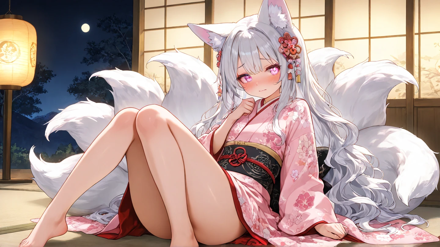 1 Girl, ash hair, kitsune, white fox ears, white fox tail, half open white kimono, but bed, awkward gesture, medium breasts