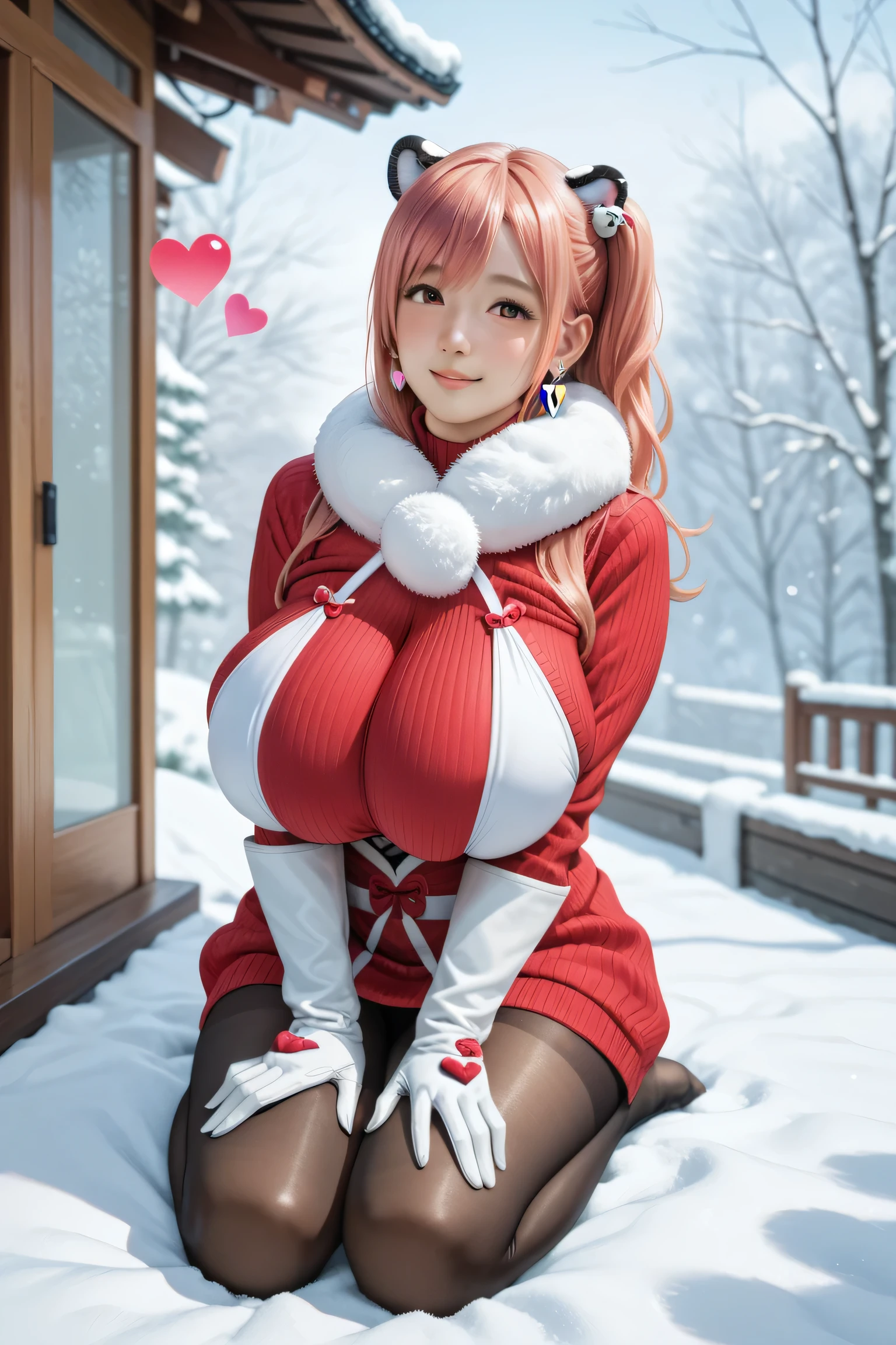 Japanese beautiful girl, huge chests, , 低胸, ,earrings,
playfully, , many little hearts, ,snowy background,pink hair, honoka ,
,massive breasts, giant breasts, on knees, w-sitting,, sling bikini, holding a tiger with arms, hug tiger ,close view,pantyhose, gloves,