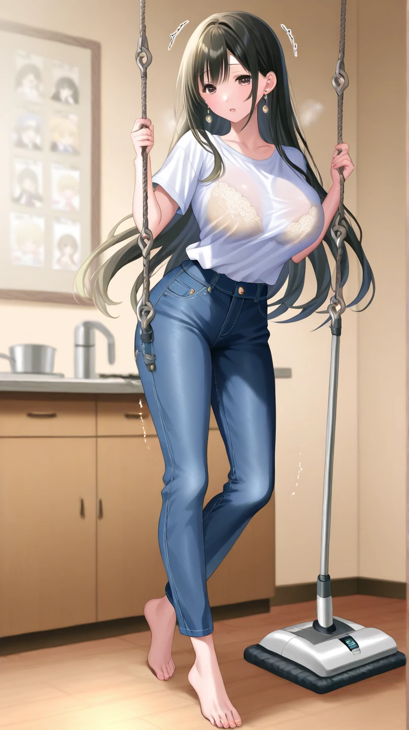((best quality, masterpiece:1.3, 8K)), (detailed), highly detailed face and skin texture, detailed eyes, bathroom, full body, slender body, 1girl, 25 years old, white skin, blue eyes, bright lips, scared,worried, embarrassed, panicking, blond hair, straight hair, long hair, (forehead:0.8), blue eyes, topless, jeans pants, flares jeans, blue jeans, barefoot, peeing jeans, peeing pants, pee stain, (wetting herself:1.5, desperation:1.5),