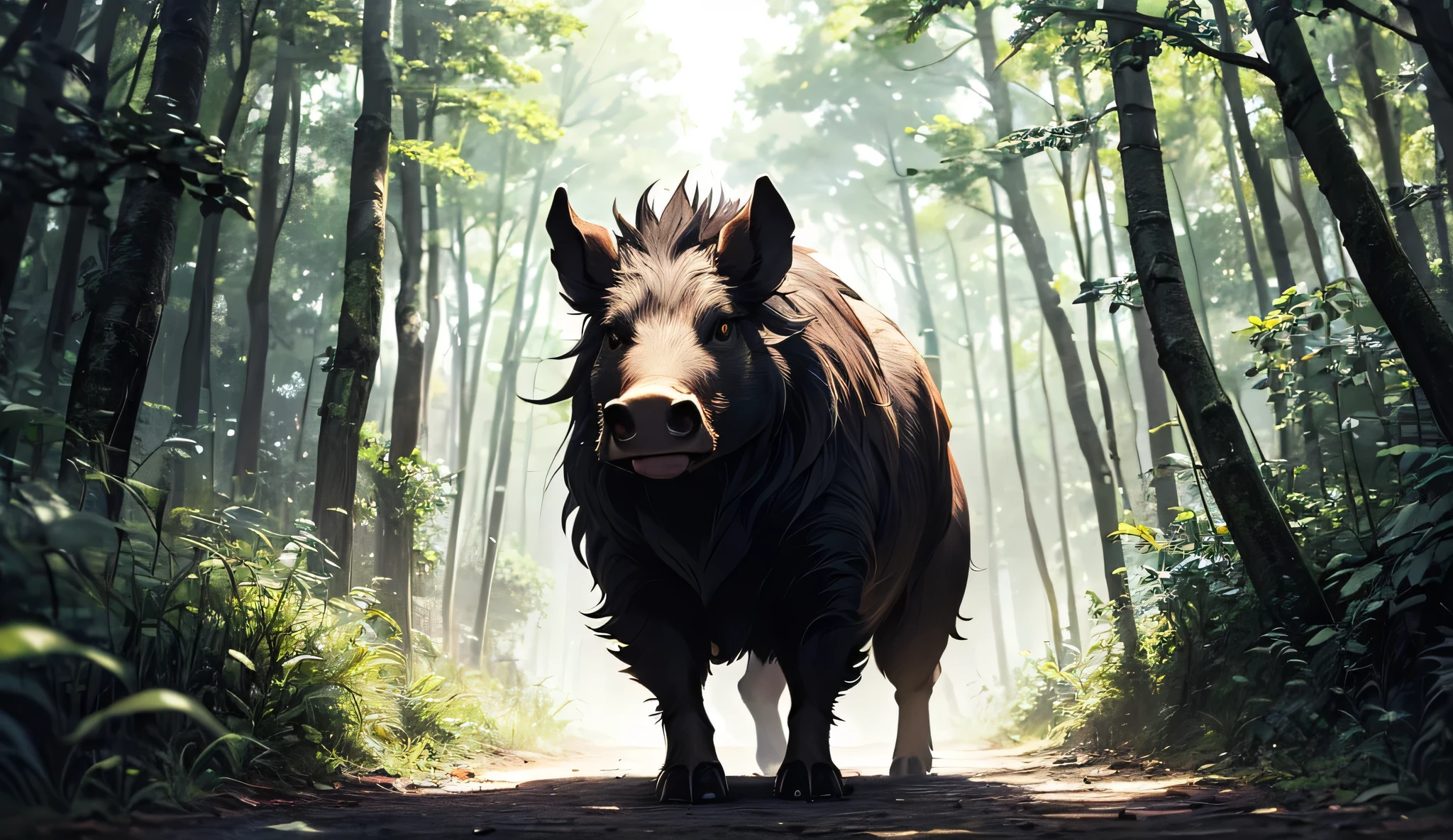 An anime-style wild boar is standing still in the middle of a narrow forest path, completely blocking the way. Its fur is a mix of brown and black, with sharp tusks and an intense, glaring expression. The background shows a dense forest under a cloudy sky, with scattered leaves and soft beams of light filtering through the trees. The perspective is low and frontal, conveying a sense of tension as the boar confronts the viewer.