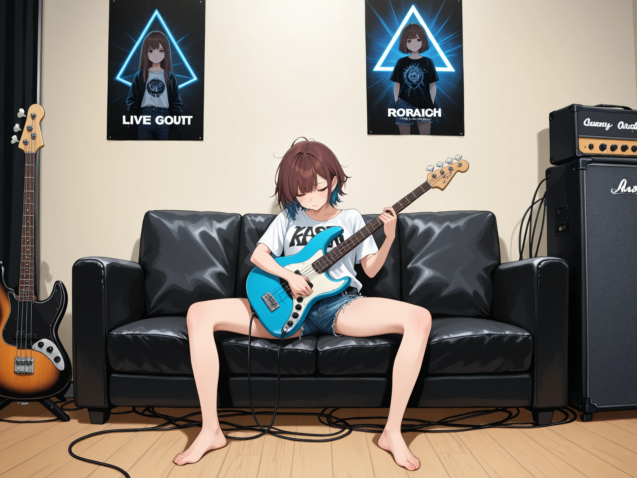 A girl deeply immersed in playing a bass guitar, lounging on a black leather sofa in a live studio backstage room. She has brown hair with sky blue mesh highlights, styled in a medium, slightly messy cut. She wears a graphic print T-shirt, denim hot pants, and is barefoot. The room has a slightly cluttered, lived-in feel typical of music venues, with cables, equipment cases, and posters in the background. The mood is gritty but passionate, capturing the intensity of her performance and her laid-back, edgy style.