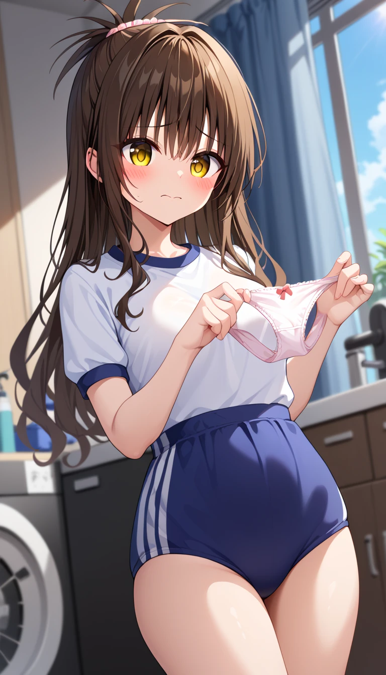 Highest quality,masterpiece,indoor,supermarket,Highest quality, (masterpiece:1.2), Very detailed, (masterpiece), (illustration),Are standing, (face focus),((upper body)), 1 Girl, Red eyes, Shine目,Long twin tails, brown hair, bangs, Shine, eyebrows visible through hair,((Plain white T-shirt)),((Plain blue skirt)), Flat Chest,shy, blush, (looking at viewer), Open your mouth,((shirt lift)),White sports bra, 1boy,hetero,Massage the breasts from behind,