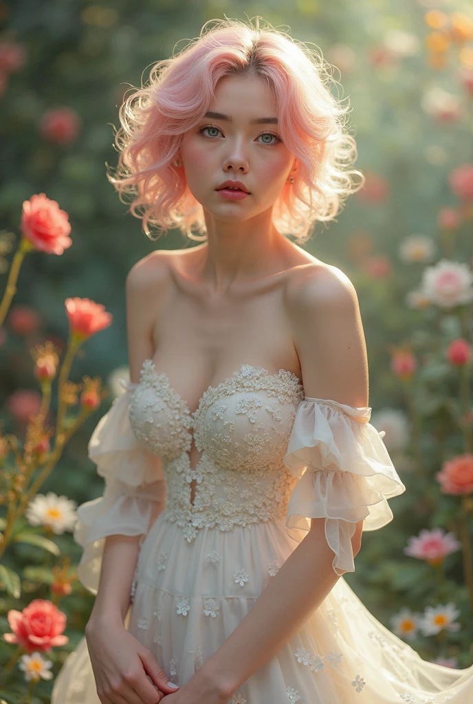 close-up 1 girl wear Wedding Dress, pink hair, short hair, hair blowing in the wind,green eyes, nude, (big breasts:1.4), rim light,sunset blowing in the wind, amazing digital art, stunning digital art, digital art picture, airbrush digital art,mono tone, forest, bokeh effect,