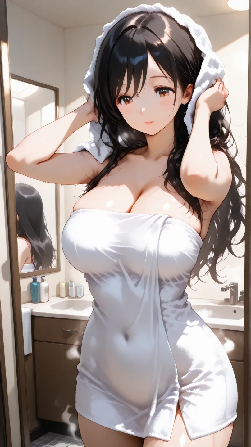1 woman 40 years old, Brunetette, blackquality hair, long messy hair, rapunzel, tense facial expression, tossing your hair, lush ass, good backlighting, natta, big-ass, breasts small, chubby, in the bathroom, wet, towel, shy, breasts small, pink nipples