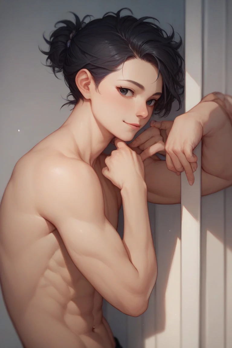 Highres, Masterpiece, Best quality at best,Best Quality,hight quality, hight detailed, Boy, 14-Year-Old-Boy, shirtless, Take a bath, Bathroom, (Showing armpit:1.3)