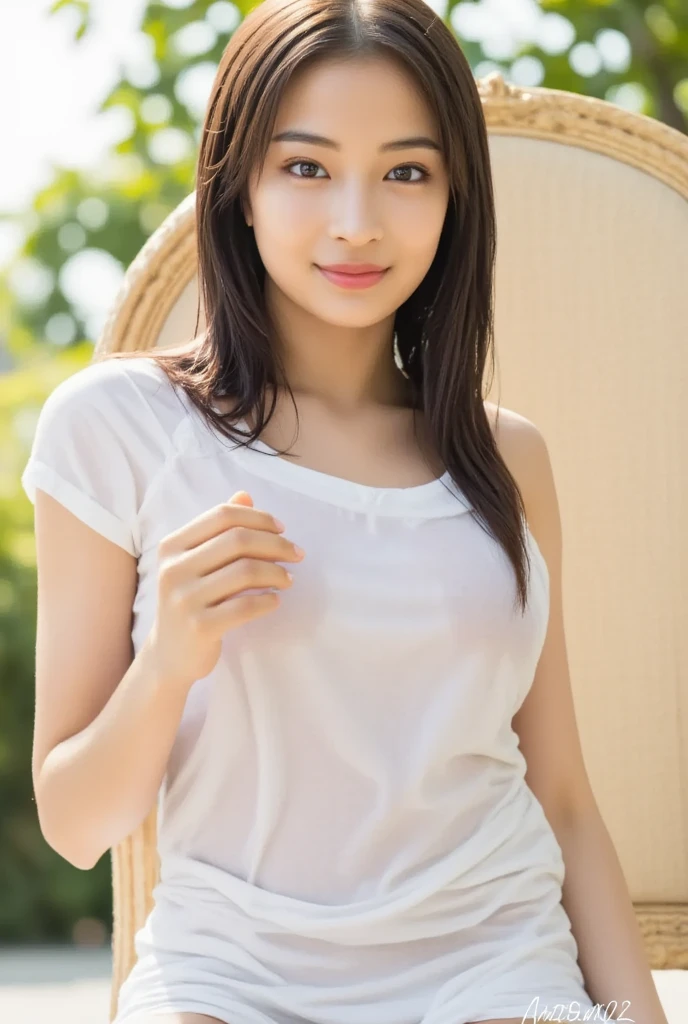 masterpiece, Highest quality,16K, Ultra-high resolution,The light and shadow of reality,Cinema Lenses,(Very skinny),(Very firm and beautiful breasts),((Very slim and white beautiful thighs)),((Her waist is so slim and beautiful)),((Very slim and beautiful arms)),((She is very slim and has a great figure)),((Beautiful big shining eyes)),((The face is very small)),((Beautiful white and shining skin)),((Cute Japanese Girls))(Denim and T-shirt)),((She is sitting on a bench in a stylish cafe.)),(Beautiful Eyes:1.1), ((Medium shot scenes,Upper Body)),Dynamic Pose,Clear eyes and a gentle smile,