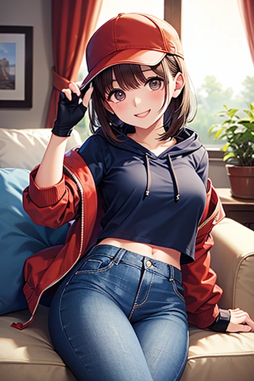 ((Masterpiece, top quality, high resolution, highly detailed CG unified 8K wallpaper)), (huge stunning goddess shot, very hot and ????, jaw-dropping beauty, perfect proportions, beautiful body, slim body beauty:1.3), Portrait of woman sitting on stairs, smiling, casually dressed, (wearing baseball cap, hoodie, denim shorts and sneakers:1.2), (view from below:1.6),