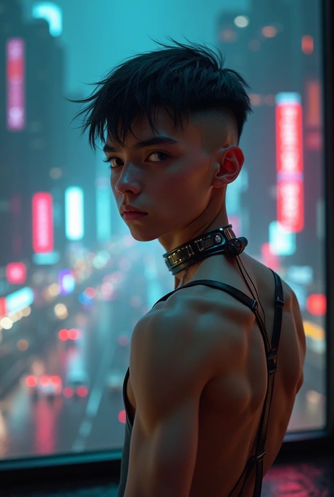 A detailed realistic photo of a young beautiful twink 18-year-old Thai boy cyberpunk shadow hunter with a realistic preternaturally cute boyish face. Naked. Lean. Skinny. Short black hair. Sidecut. Tattooed. Overlooking a glowing cyberpunk metropolis from an airship at night. Perfect but very small uncircumcised cock and testicles exposed to the camera. Short trimmed pubes. Bdsm harness.