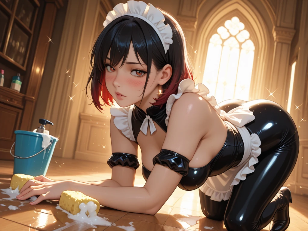 the maid outfit,Chest leakage,Legs forked,drools,There is a white viscous liquid on the chest