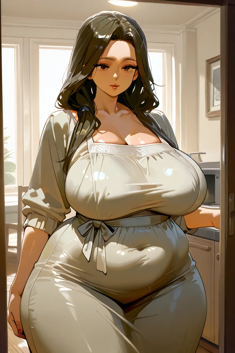 masterpiece, cute busty girl, big breasts, huge breasts, clevage, beautiful skin, best quality, absurdres, perfect anatomy, curvy shaped body, thigh legs, 1girl, solo, Carla Yeager, long hair, hair over shoulder, apron, long skirt, smile