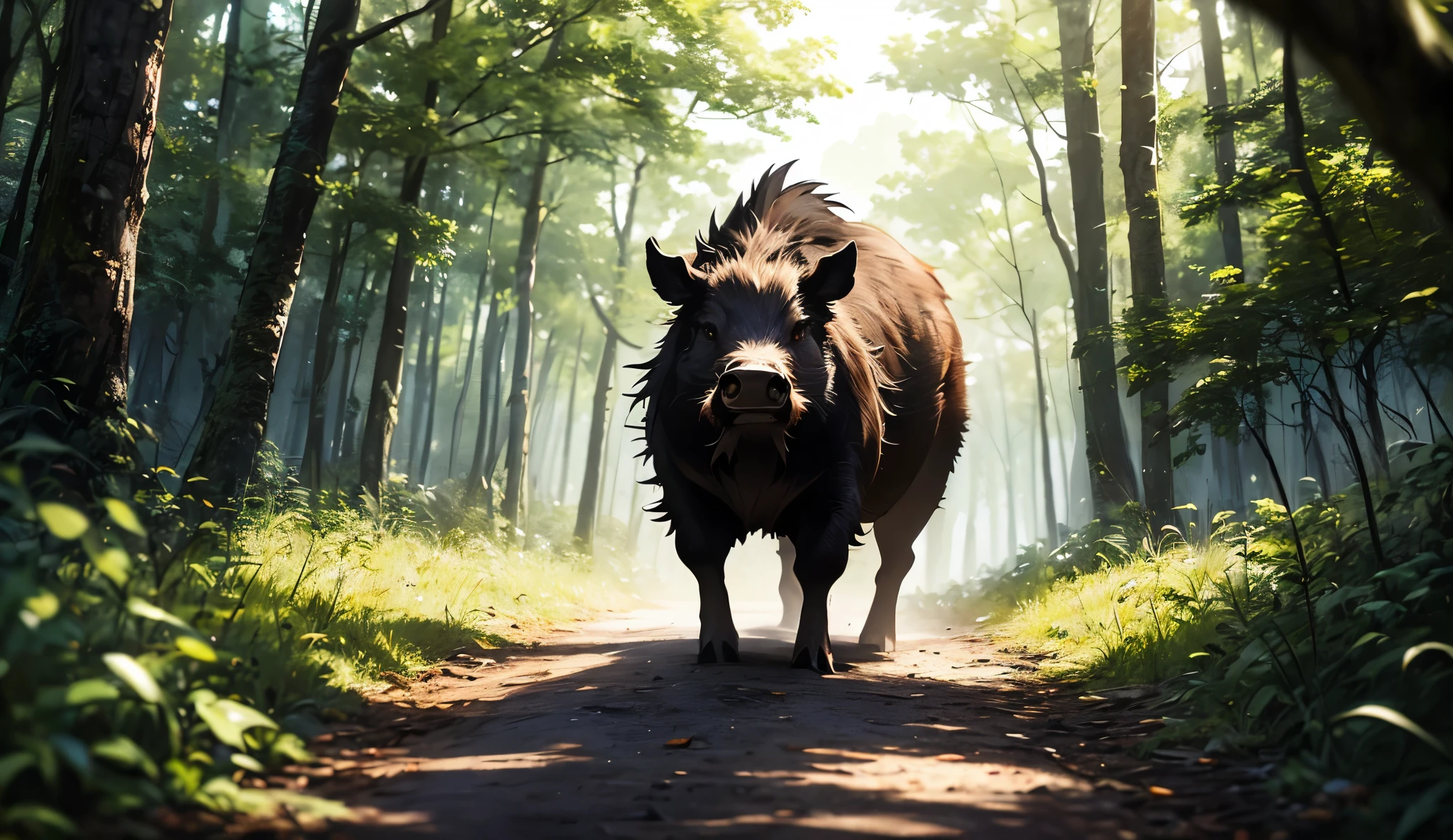An anime-style wild boar is standing still in the middle of a narrow forest path, completely blocking the way. Its fur is a mix of brown and black, with sharp tusks and an intense, glaring expression. The background shows a dense forest under a cloudy sky, with scattered leaves and soft beams of light filtering through the trees. The perspective is low and frontal, conveying a sense of tension as the boar confronts the viewer.