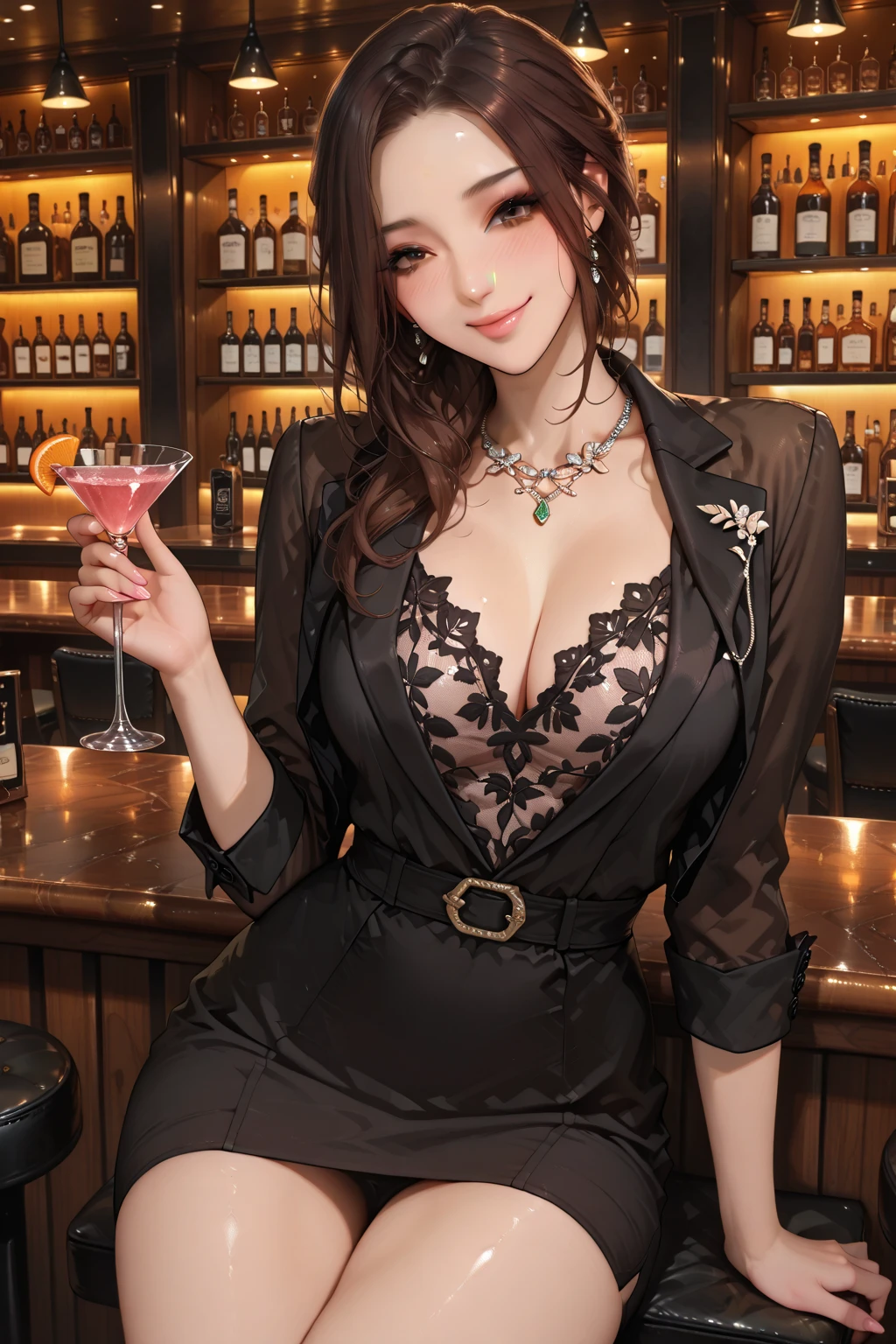 ((Highest quality, 8K, masterpiece :1.3)), (Sharp focus :1.2, Beautiful woman with perfect figure :1.4, Slim Abs :1.2), ((Big Breasts, Emphasize cleavage:1.3)), (Photorealistic:1.4), (realistic:1.4), (Short Bob Hair, Light brown hair:1.5), Highly detailed face and skin texture, Fine grain, double eyelid. Makeup face, A little bit of lipstick, necklace, Earrings, sex appeal, Sexy gravure pose, (Sexy babe in purple silk camisole and shorts on balcony on summer evening、She is smiling sexy with a drink in hand against the starry sky。:1.3)