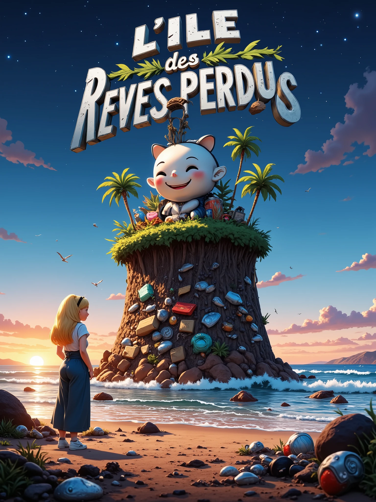 Illustration featuring the title: “L'ILE des REVES PERDUS” in waste letters, grunge 3D bold font, this title is in the sky above an island made of fishnets with many small silver fish in the center and crustaceans, coral and shellfish on the sides, at the bottom there is some plastic bags touching the sea. The top of this island is a friendly creature head with a smile and only one palm tree on the head, and seaweeds instead of hair. A dirty ocean filled with black oil, plastic bottles, cardboards, boxes, broken stuffs and cans floating on water with dirty waves. A girl seen from behind, long blonde hair, wearing a white t-shirt under her overalls long pants, and white Converse shoes, she's standing at the left of the beach with her hands on her hips, on a filthy sand path leading to this island littered with rubbish and wires. We can see a mermaid tail by the sea side. Very playful colorful scene, in a Sunset lighting mood, backlight, clear blue sky and stars. Little seagulls far away. Dreamlike fantasy style